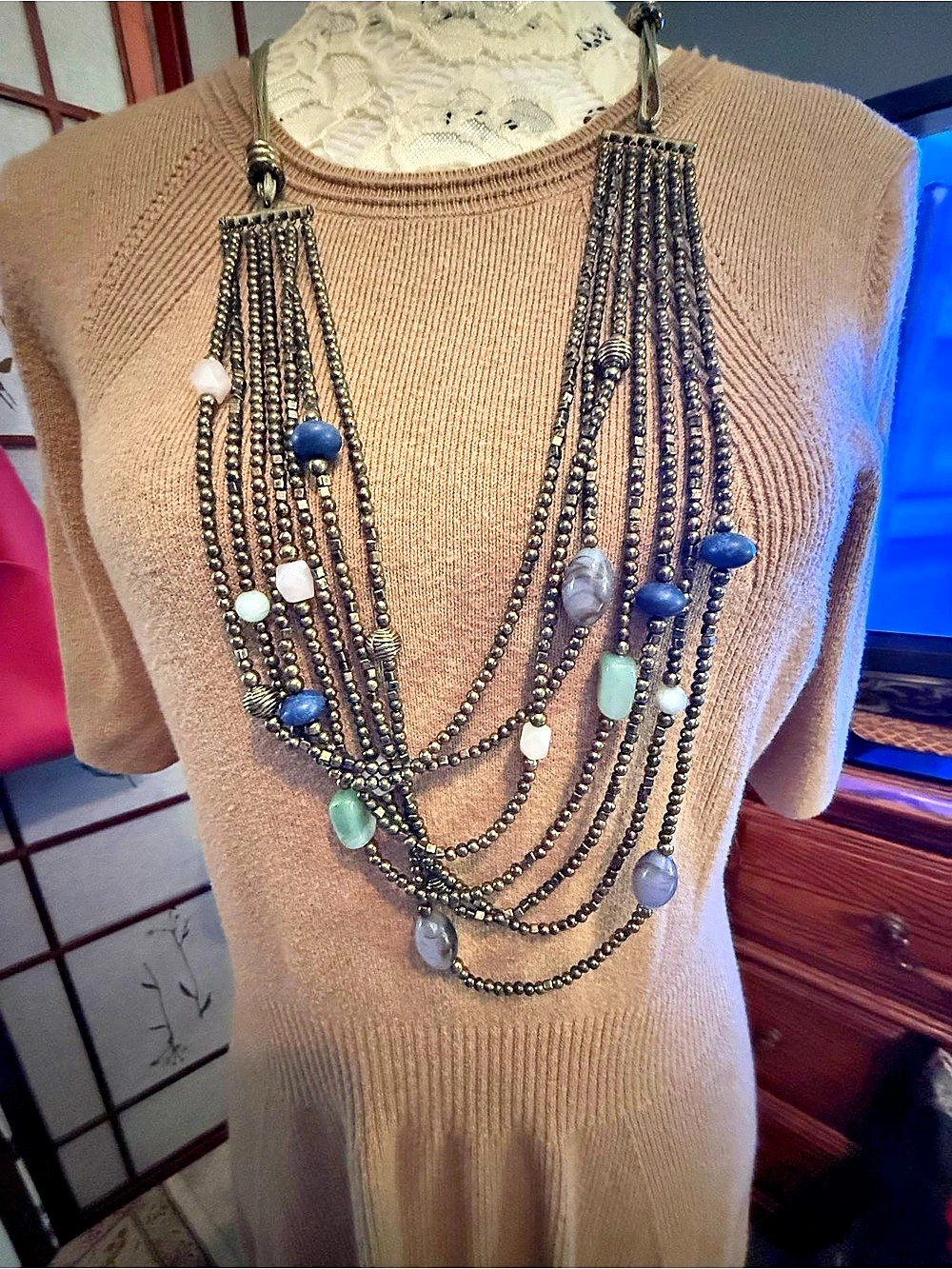 Chico's Layered Beaded Statement Necklace in Brown & Blue Like New
